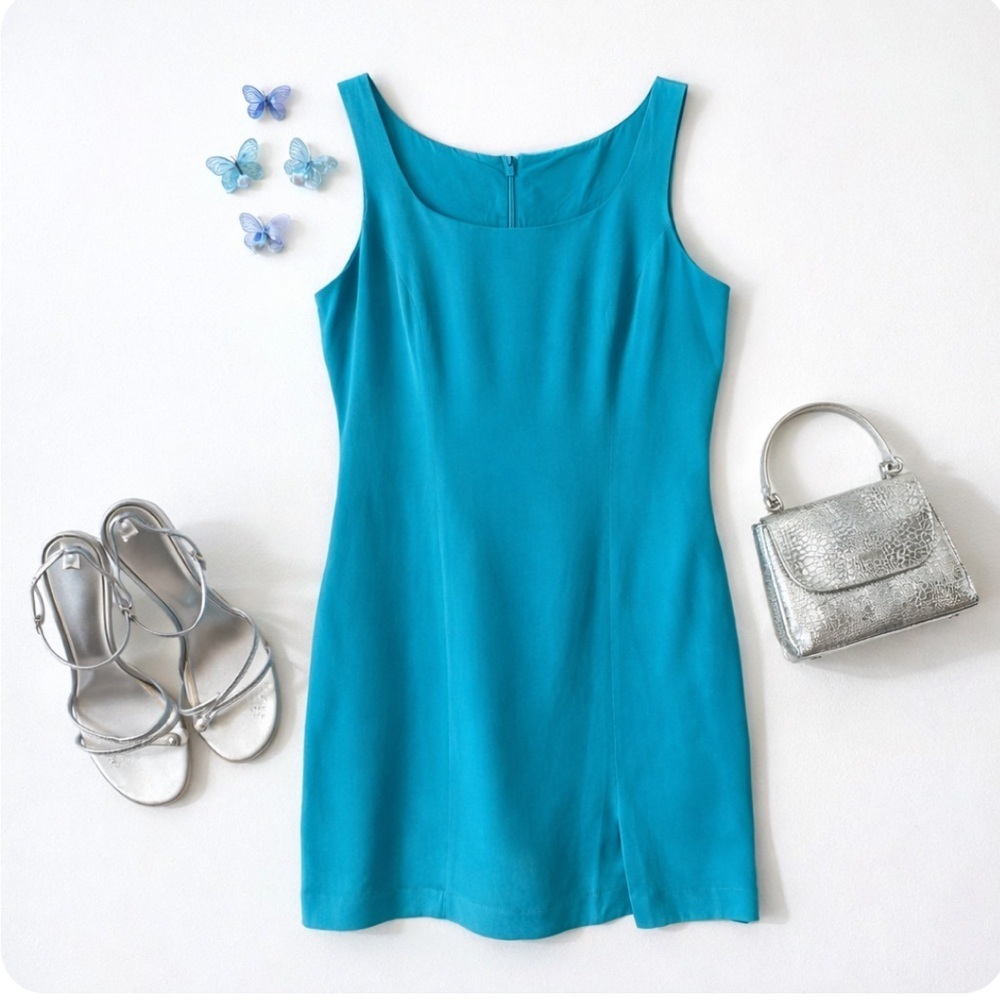 Vintage 90s Silk Aqua Mini Dress Sz 10 Hugo Buscati Turquoise Cocktail Party